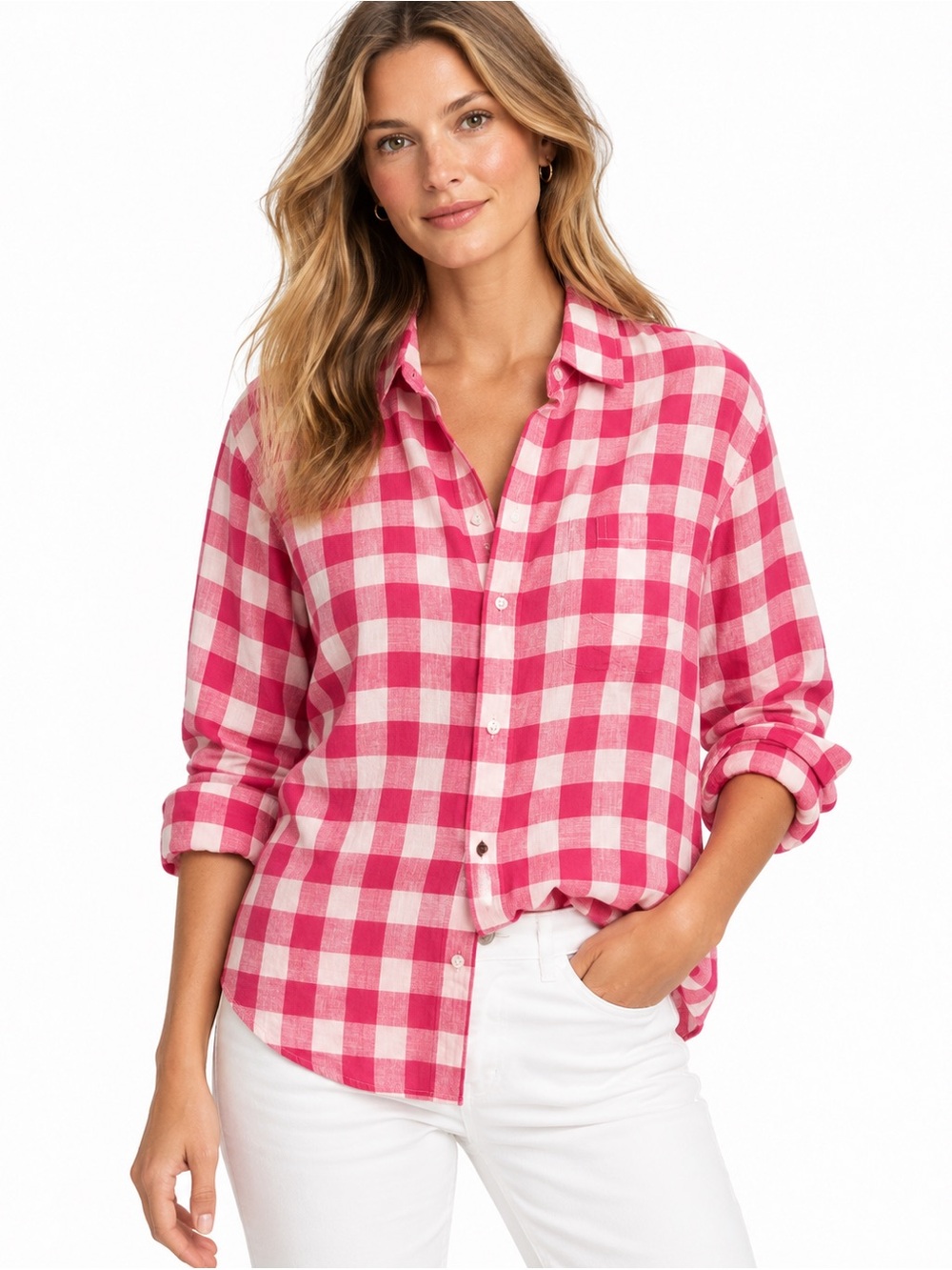Frank & Eileen Barry Linen Shirt L Pink White Gingham Button Down
